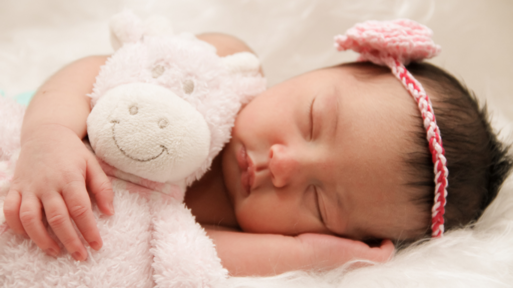 a newborn sleeping with a stuffed animal