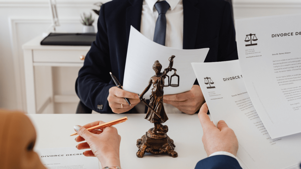 two people sitting at a table with papers and a statue of justice